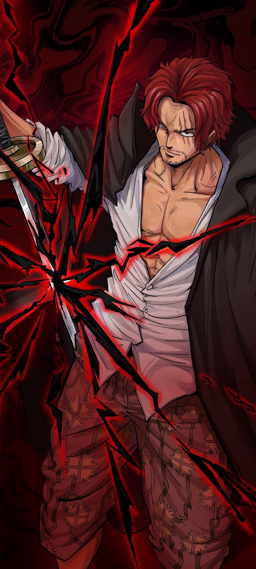 Shanks stands with his sword as red Haki lightning emanates from the blade against a dark, fiery background.