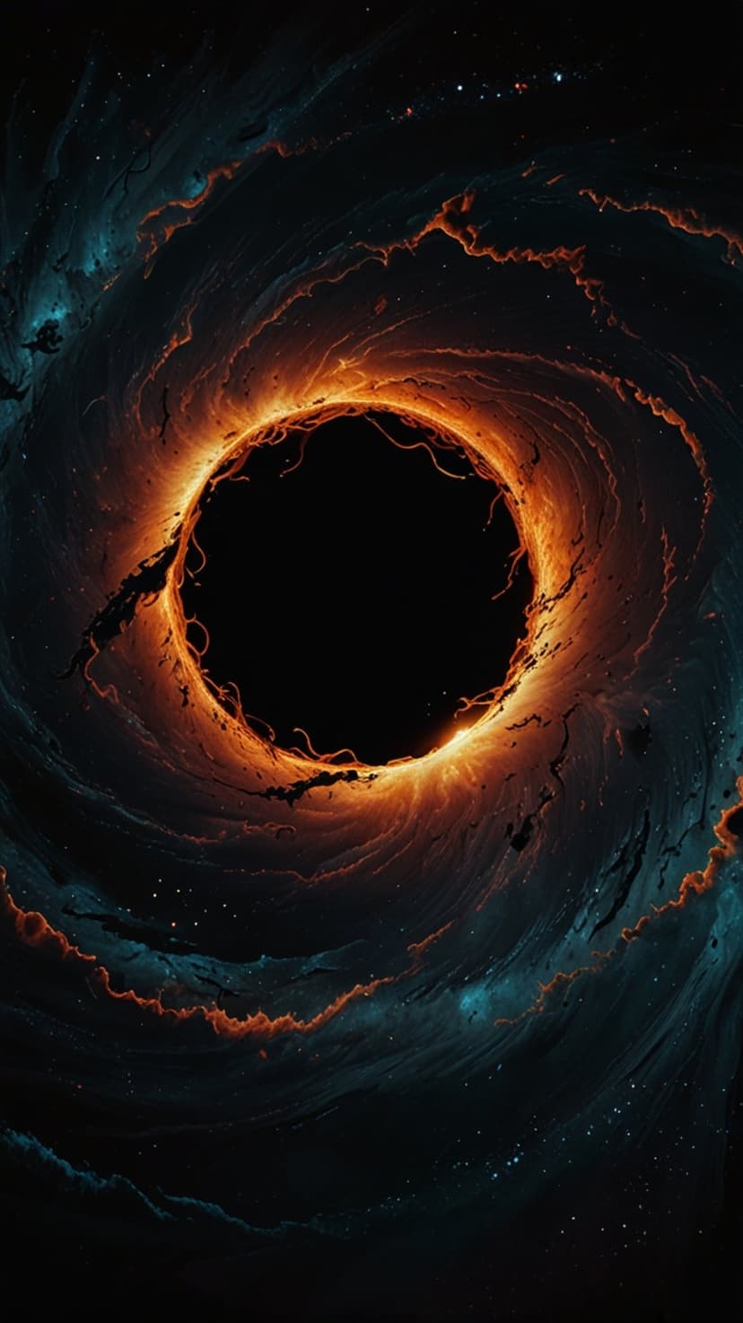Swirling black hole with a glowing orange event horizon surrounded by blue nebulous gas and distant white stars.
