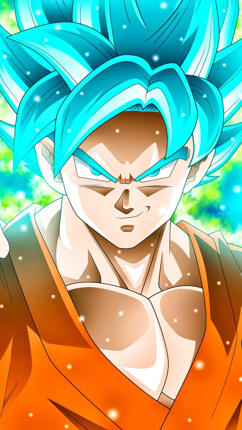 Goku with spiked bright blue hair and glowing aura gazes forward with a determined expression in a close-up.