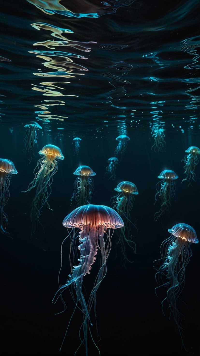 Glowing jellyfish with long tentacles drift through dark blue water in a vertical deep sea composition.