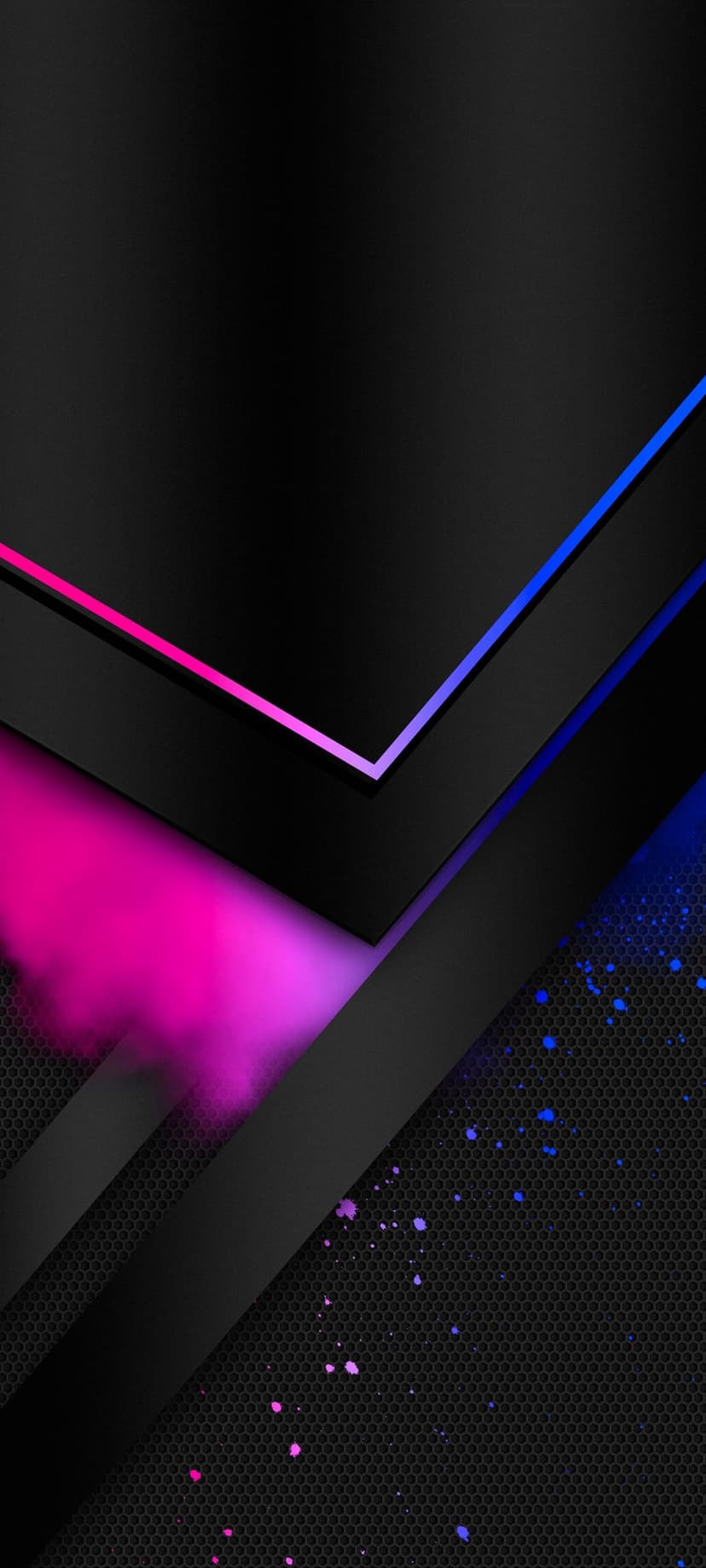 Neon pink and blue light rays crossing over a black textured surface with subtle geometric shapes and flecks.