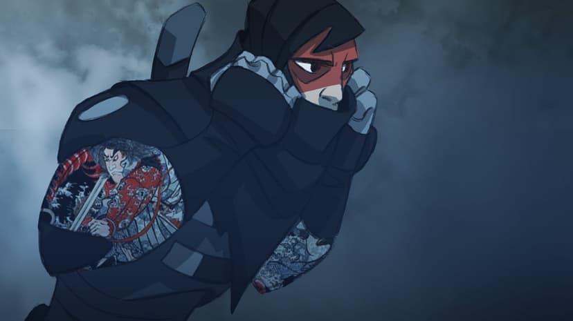 Ninja in dark armor with a traditional Japanese warrior tattoo on his shoulder against a smoky sky.