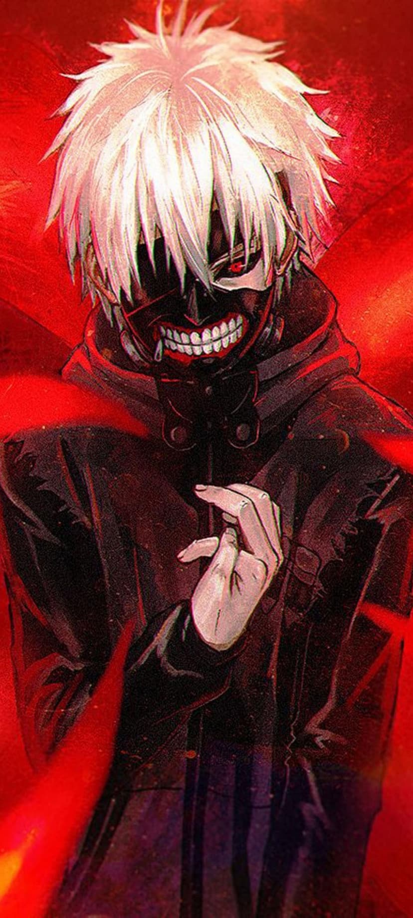 Ken Kaneki wears a leather ghoul mask showing one red eye, set against a high-contrast abstract red backdrop.
