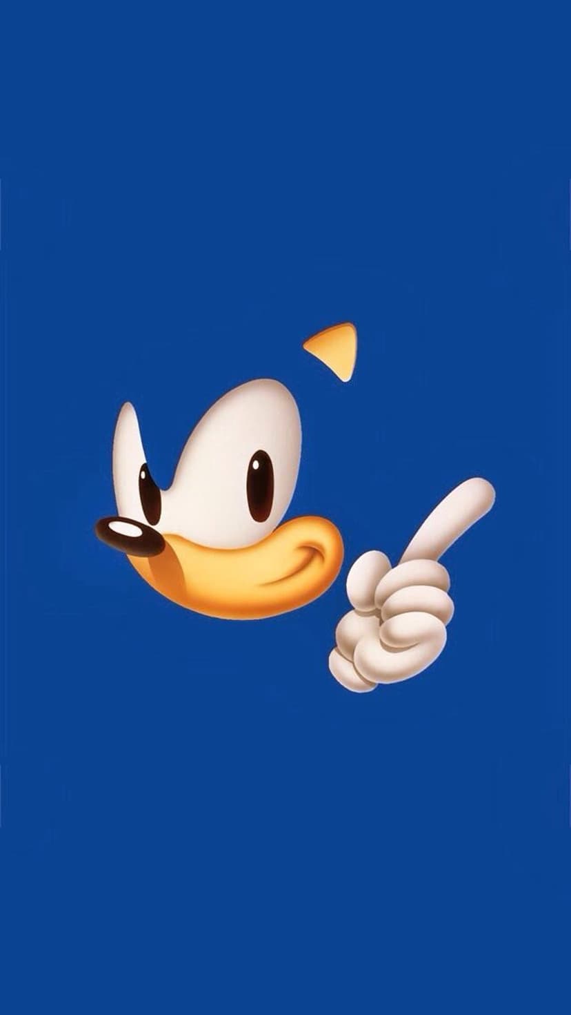 Sonic the Hedgehog gestures with a gloved hand and a cheerful smirk against a solid bright blue background.