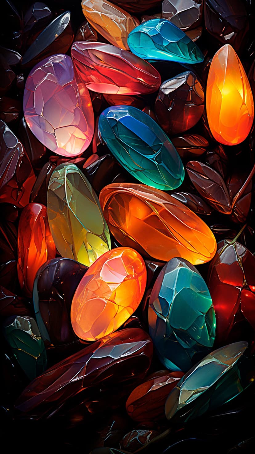 Faceted purple amethyst, red ruby, and green emerald crystals catch light in a dense, polished arrangement.