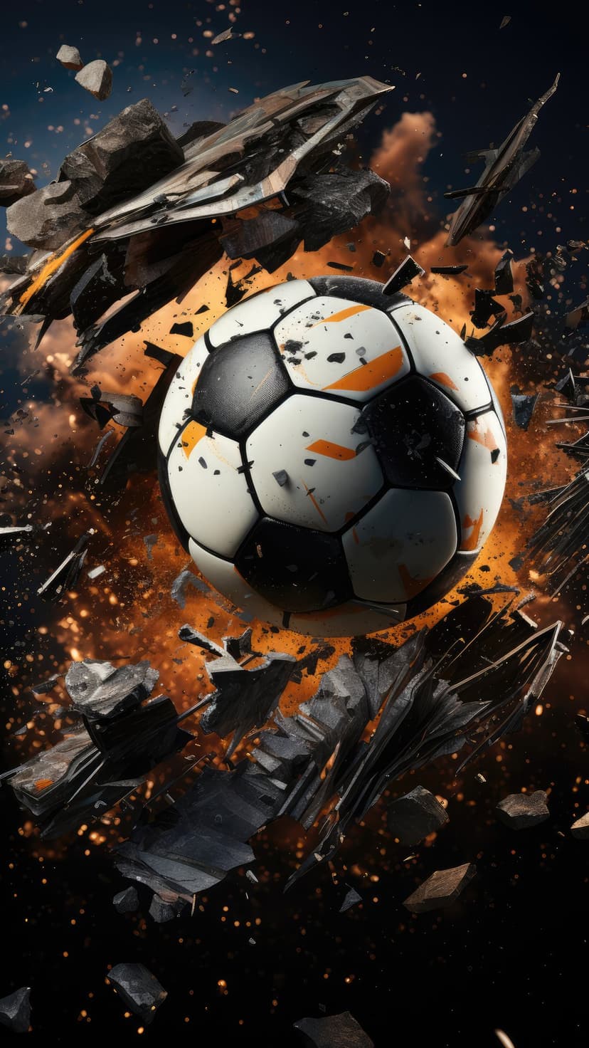 Soccer ball exploding into glowing orange embers, smoke, and shattered rock fragments against a dark background.