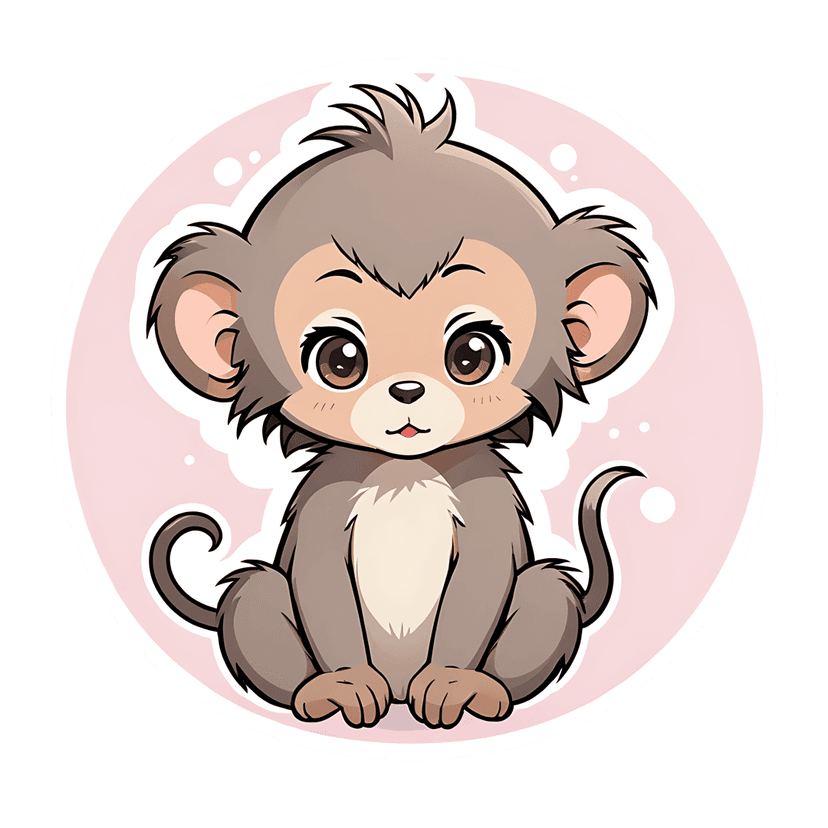 Taupe baby monkey digital clipart featuring large brown eyes and soft beige fur sitting inside a pink circle.
