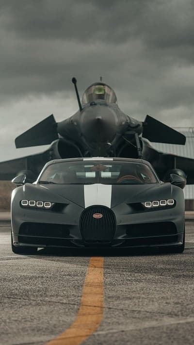 Matte Black Bugatti Chiron and Jet Fighter Phone Wallpaper