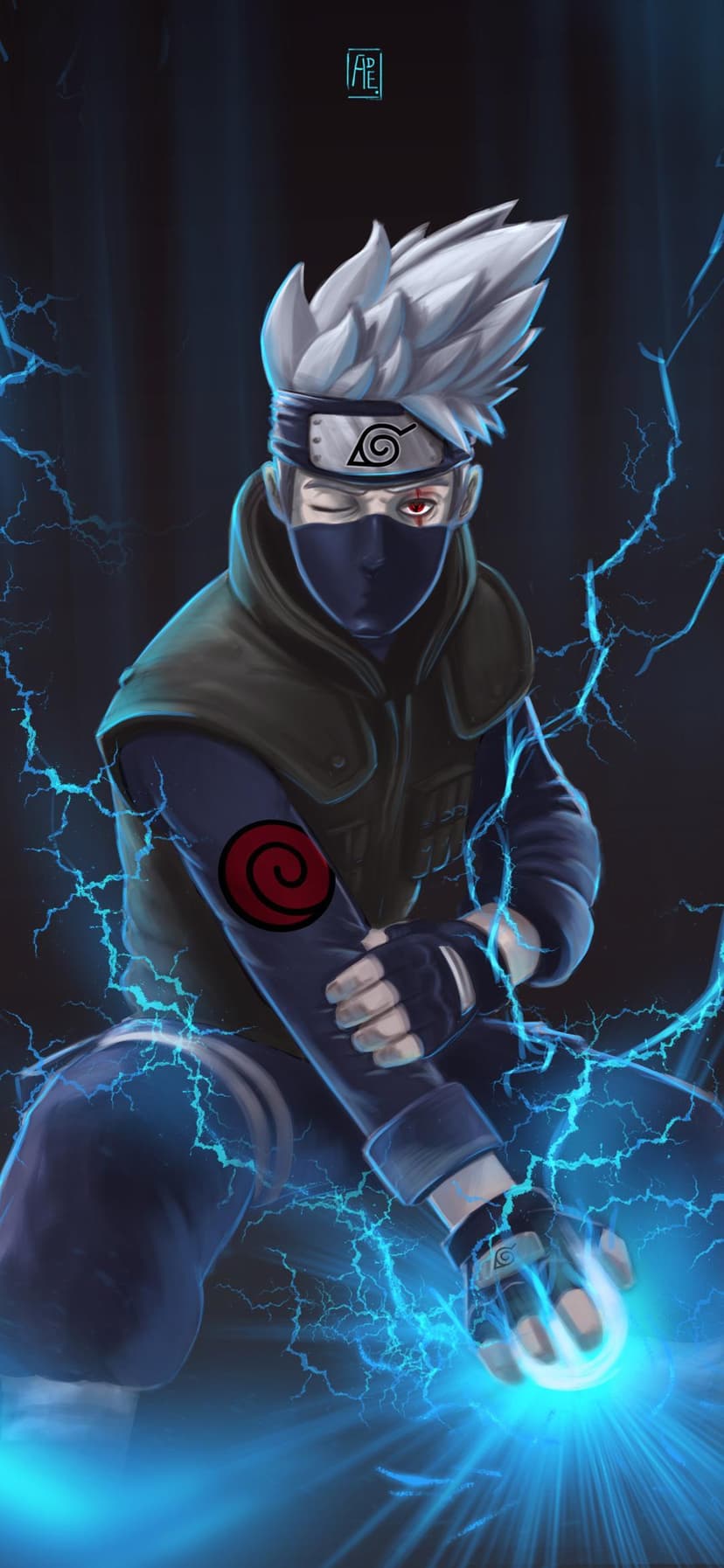 Kakashi Hatake summons blue lightning in a dark environment, wearing his ninja mask and forehead protector.