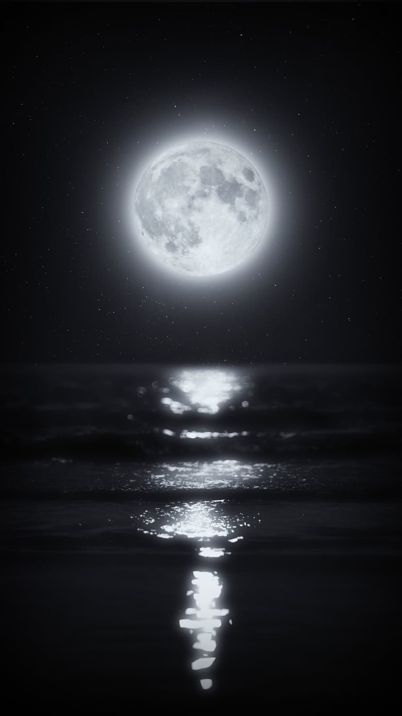 Full moon glowing above rhythmic ocean swells with a shimmering light path reflecting on the dark water surface.