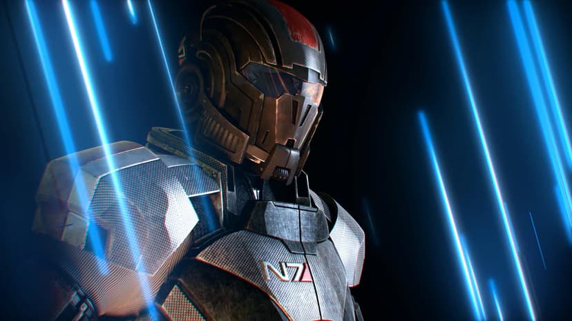 N7 soldier in metallic power armor with gold helmet and red stripe amidst glowing blue vertical light beams.
