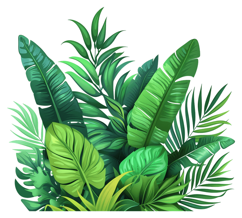 Tropical foliage illustration featuring detailed green palm leaves and monstera fronds on transparent background.