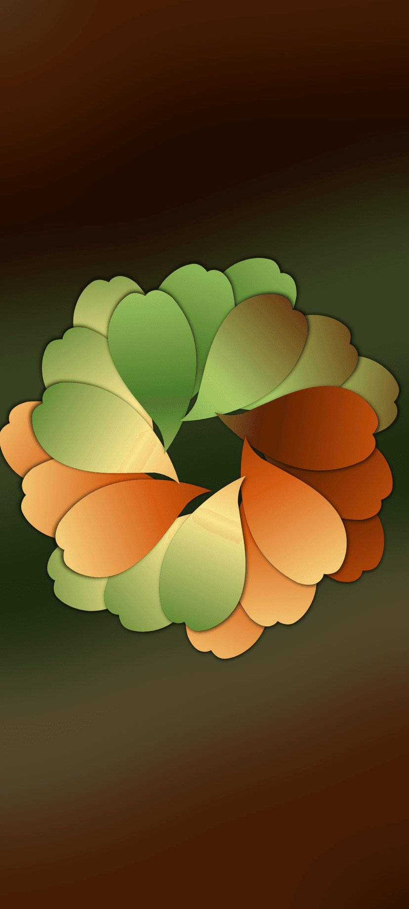 Circular arrangement of overlapping leaves with green to orange gradients centered on a dark textured surface.