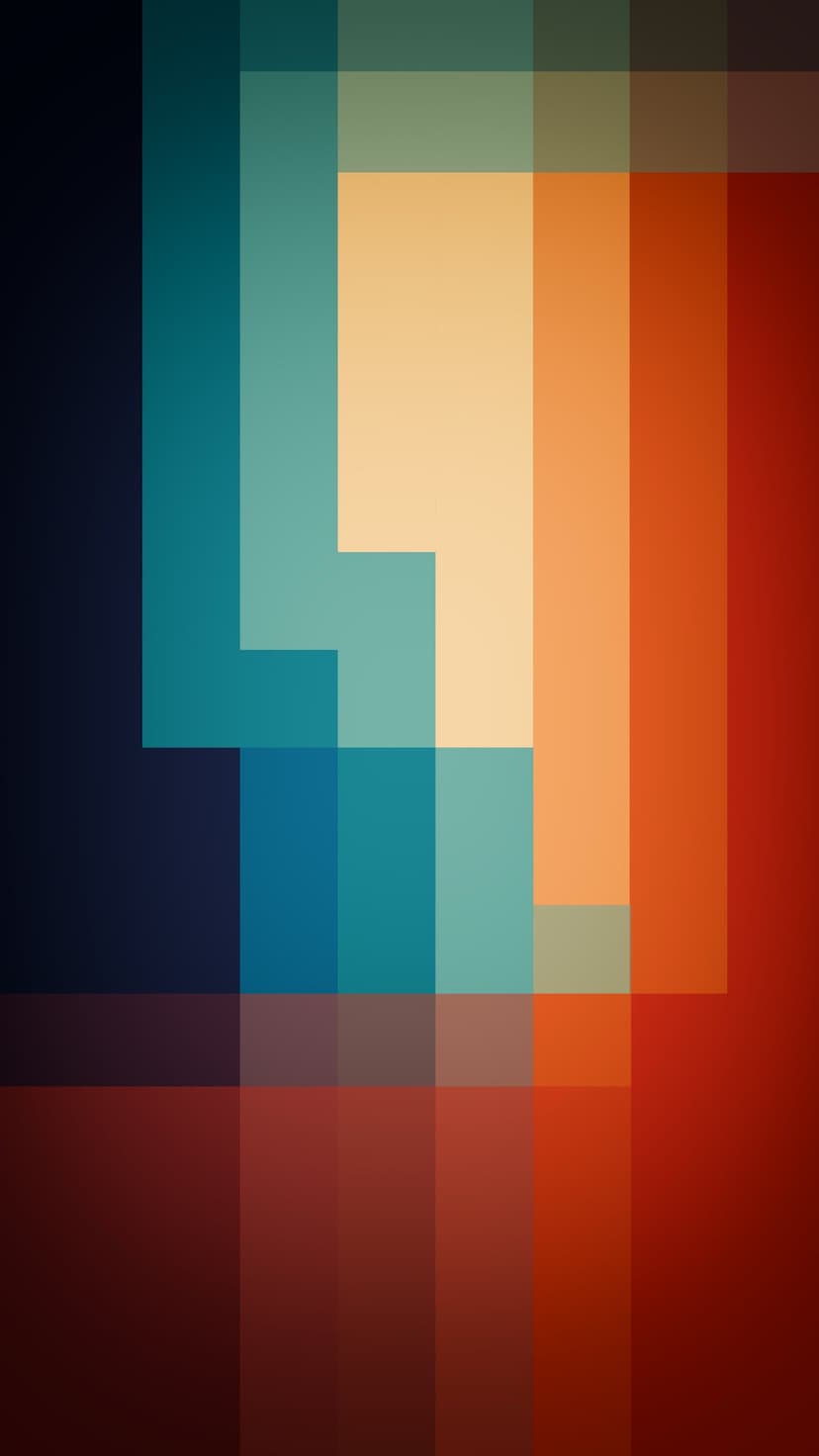 Overlapping translucent rectangular blocks in deep blue, teal, and orange form a layered geometric composition.