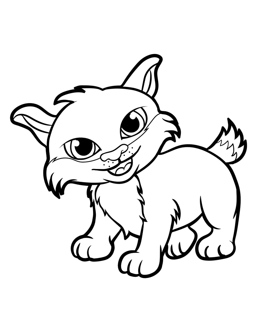 Kitten line art illustration featuring a sitting feline with large eyes and perked ears in black and white.