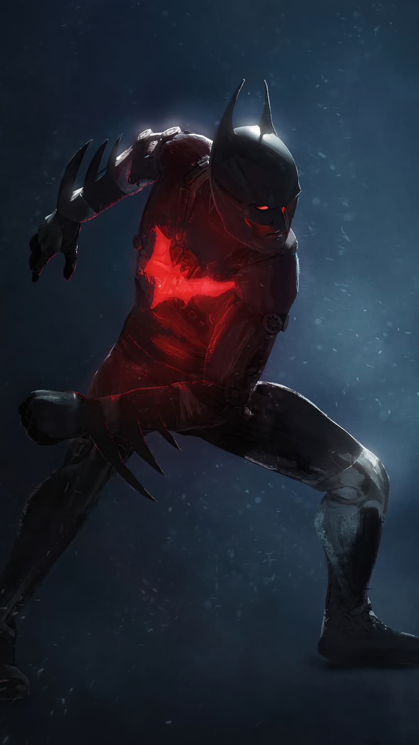 Batman Beyond in a black suit with a glowing red chest symbol and red eyes against a dark blue background.