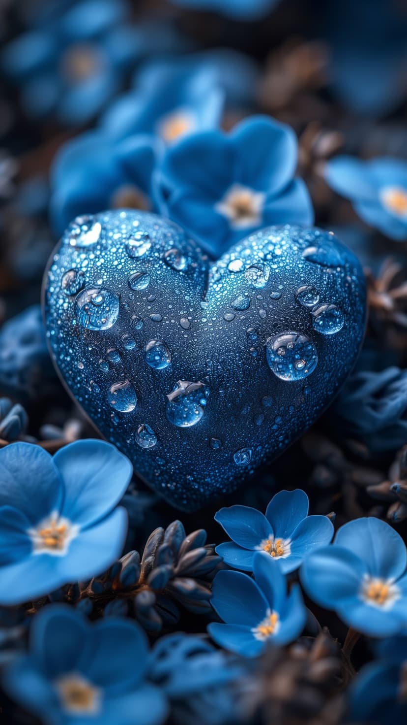 Blue heart sculpture with water droplets rests on small blue forget-me-not flowers in a close-up macro view.