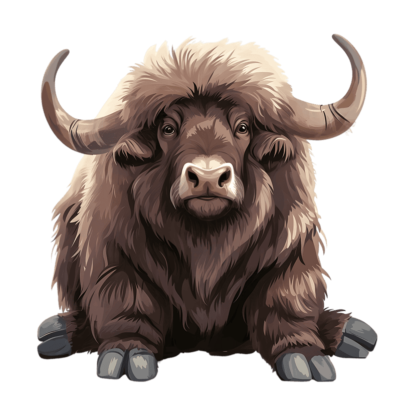 Brown yak illustration features thick shaggy fur and large curved horns while sitting against a black background.