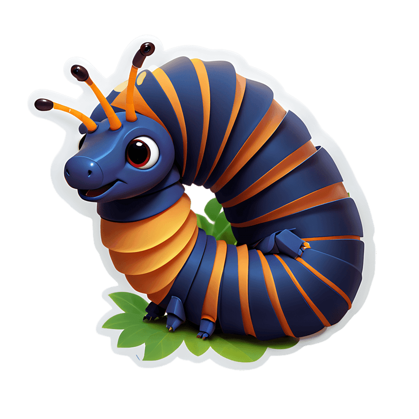 Blue orange caterpillar sticker render coils on green leaves featuring a glossy 3d texture and red eyes.