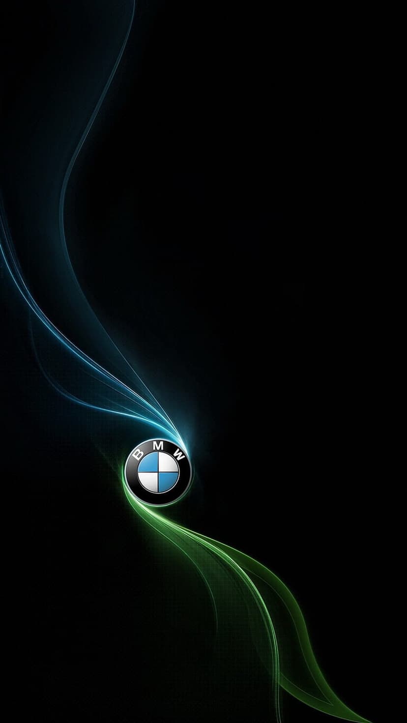 BMW emblem centered on a black background with curved neon blue and green light streaks flowing around the logo.