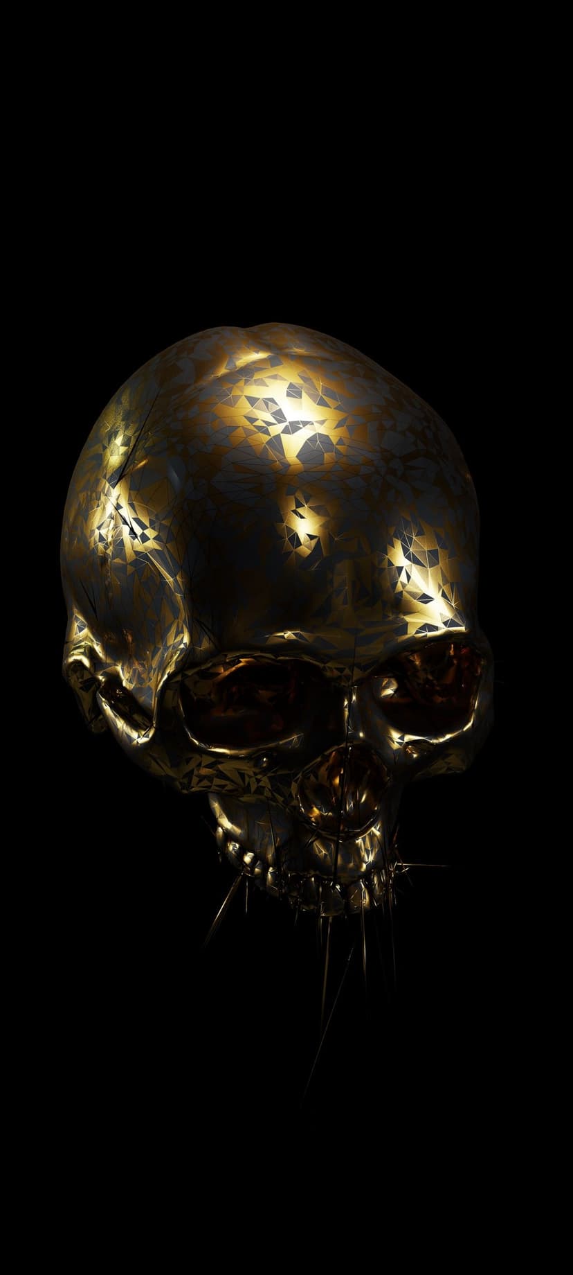 Golden skull with a mosaic texture and sharp metallic spikes on the jawbone against a solid black backdrop.