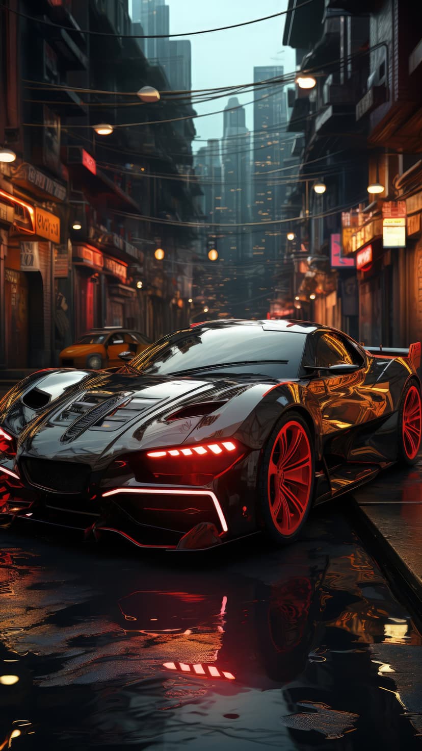 Black supercar with red lights drives through a rainy city street at night under bright neon skyscraper signs.