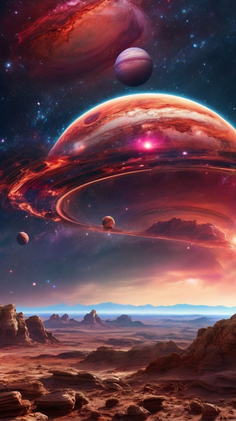 Jagged red rocks sit beneath a massive ringed gas giant and swirling violet nebulas in a deep space vista.