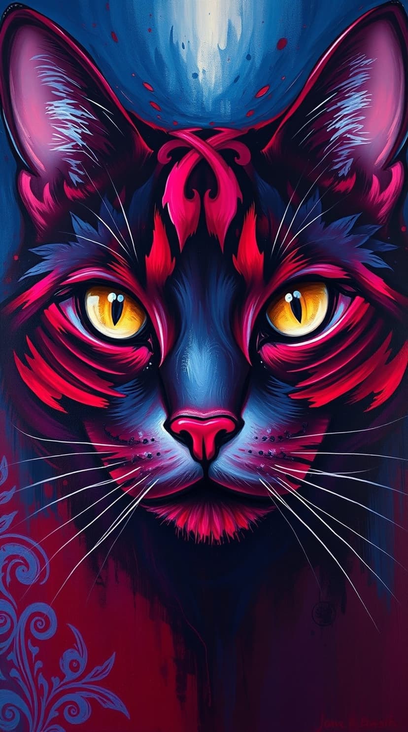 Black cat with glowing yellow eyes features neon pink and blue painted highlights against a dark background.