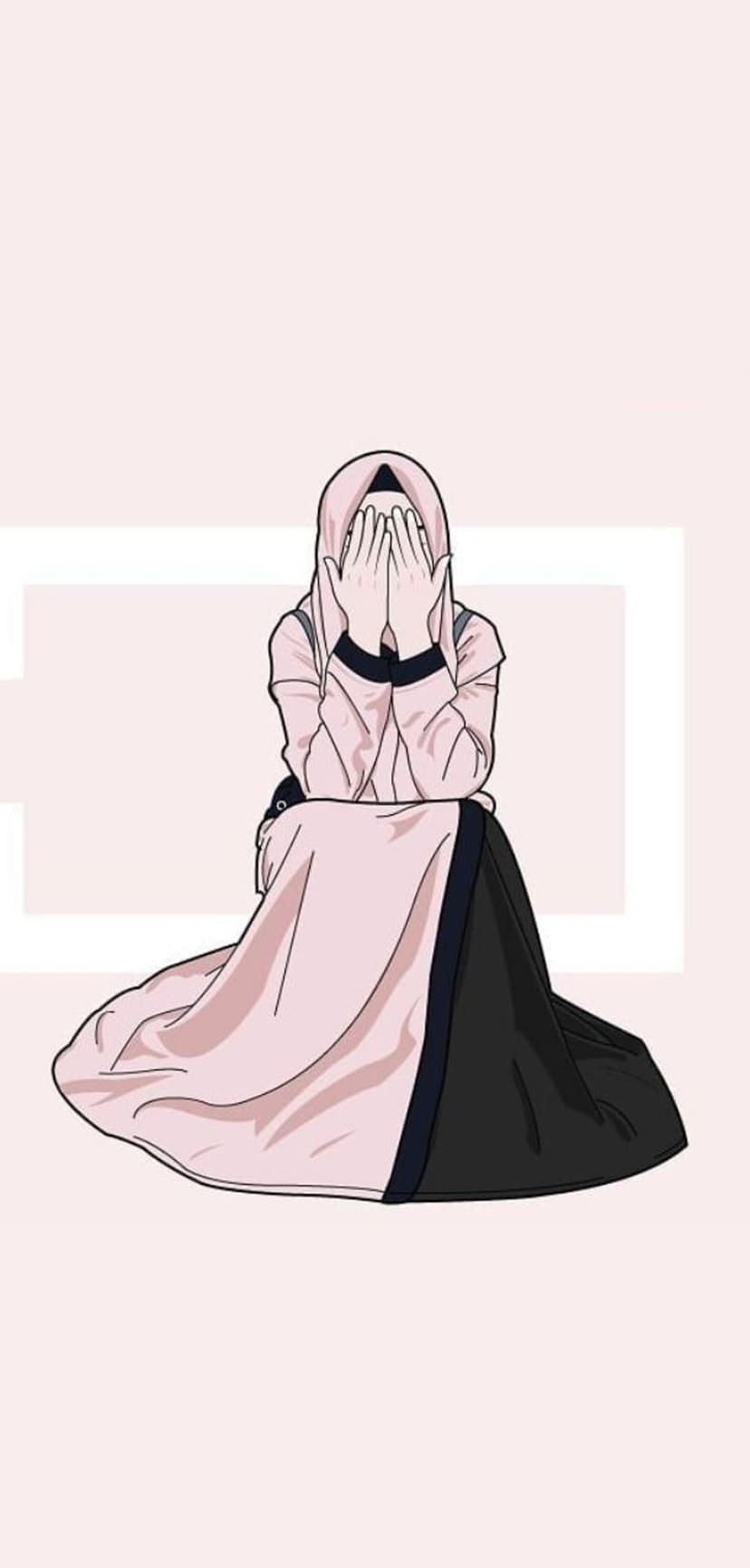 Woman in a hijab kneels and covers her face while crying against a minimalist and soft pastel pink background.