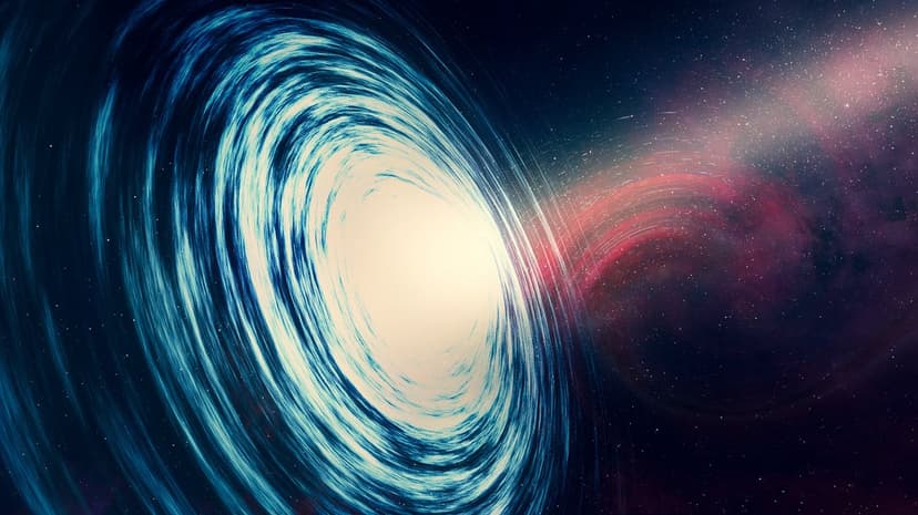 Black hole singularity surrounded by swirling blue energy filaments and purple nebula clouds in deep space.