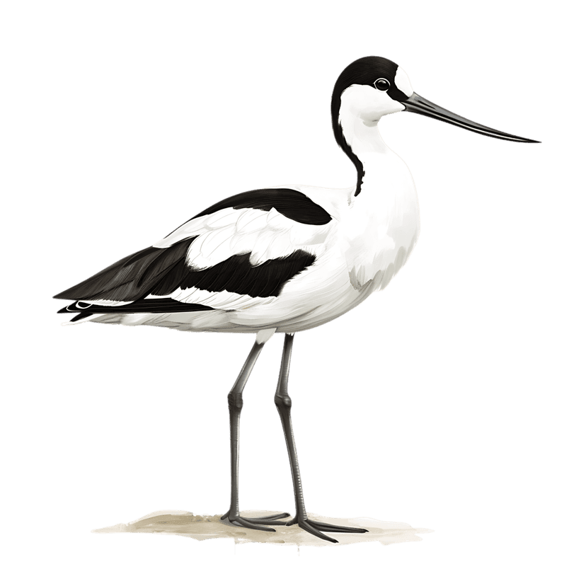 Pied Avocet bird illustration showing a profile view with black and white plumage and long upturned beak.