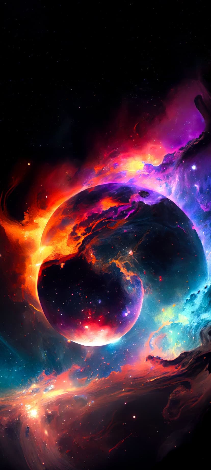 Fiery planet surrounded by swirling orange, purple, and blue nebular clouds with scattered starlight across space.