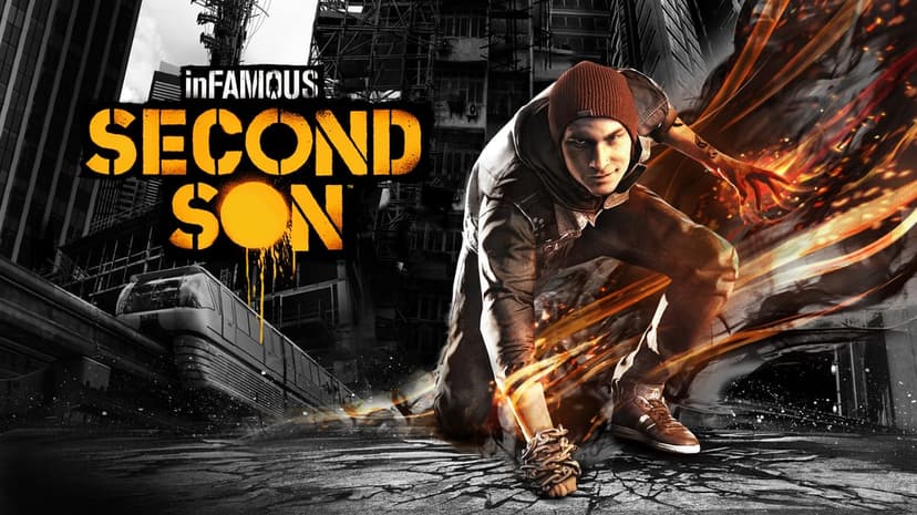 Delsin Rowe crouches in a ruined city with glowing orange smoke energy and a chain-wrapped fist.