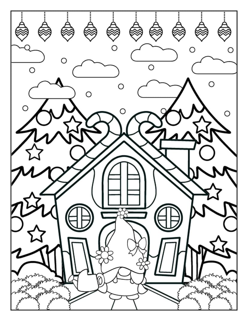 Gnome gingerbread house coloring page with snowflakes and pine trees in a high-contrast line art style.