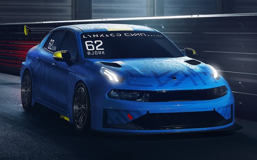 Blue Lynk & Co Cyan Racing car with rain droplets on its hood in a dark, moody garage setting.