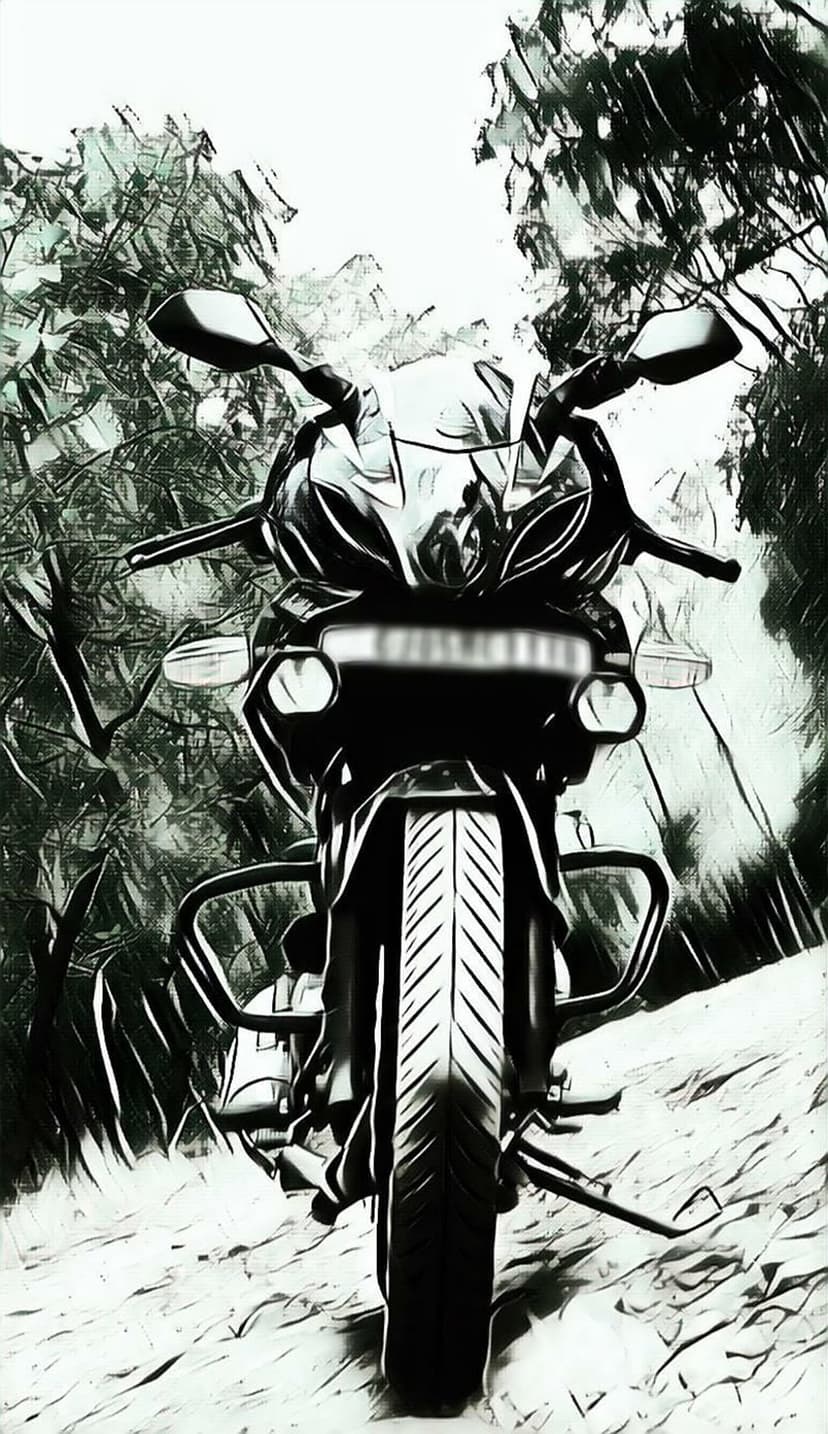 Front-facing motorcycle with large headlights parked among abstract forest branches in a textured monochrome style.