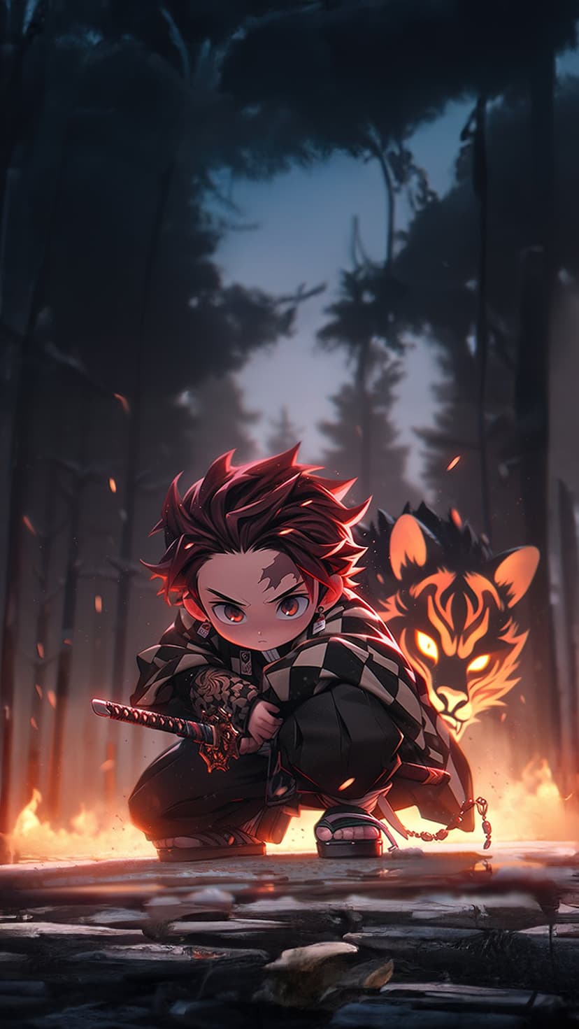 Red-haired boy in a checkered haori crouches with a sword near a large wolf with glowing orange eyes in a forest