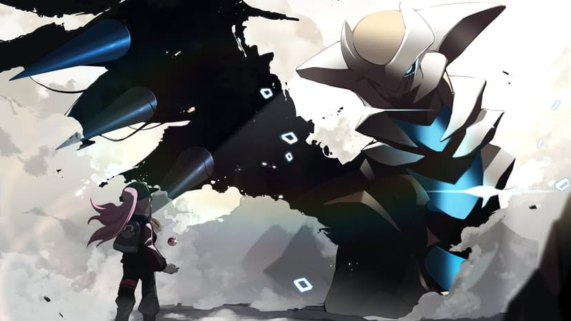 Female trainer holding a Poké Ball faces a massive white and blue Giratina amidst dark ink-like clouds.