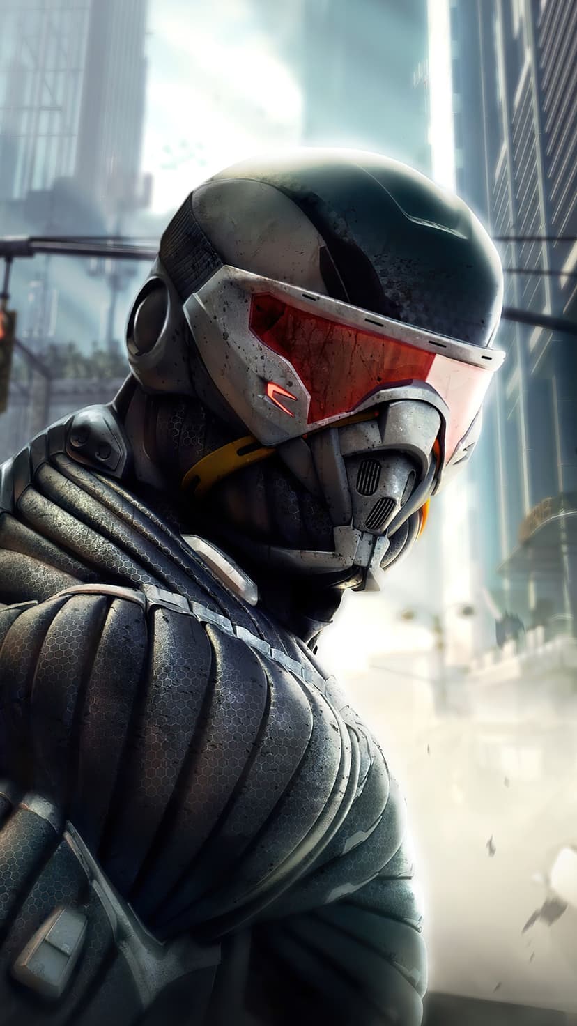 Futuristic soldier in dark textured nanosuit armor with a red visor standing in a hazy urban cityscape.