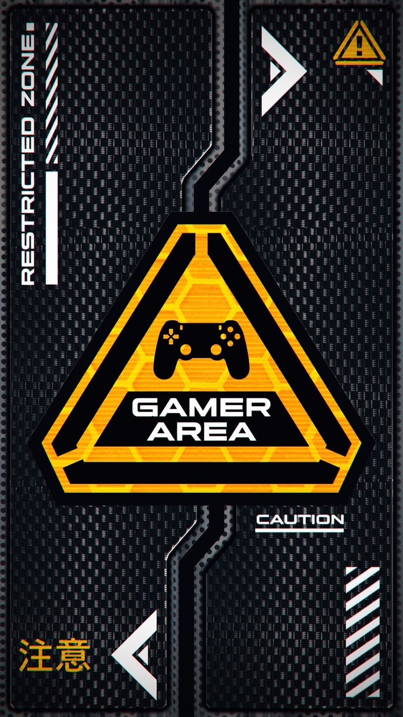 Triangular gamer area warning sign with a controller icon and hazard stripes on a dark textured surface.