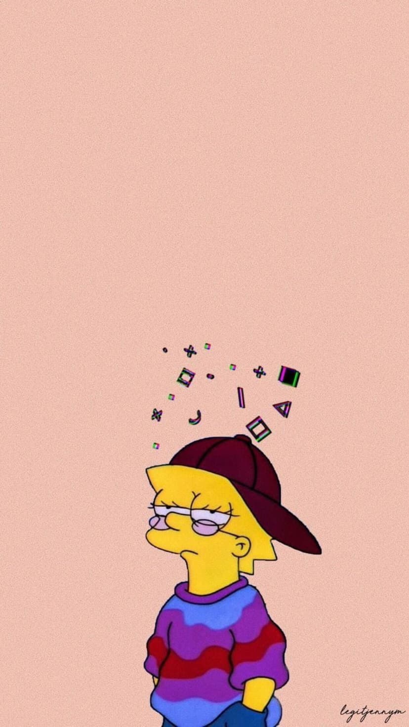 Lisa Simpson wearing a backwards cap, glasses, and striped sweater against a pink glitchy geometric background.
