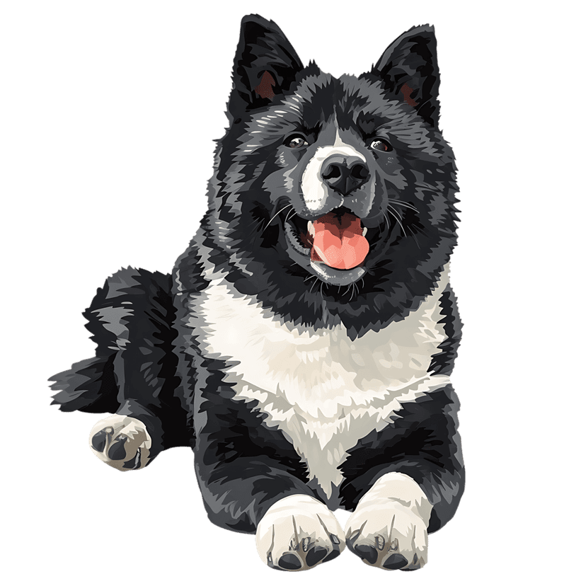 Akita dog lying down with crossed paws and tongue out in a monochrome digital painting against dark background.