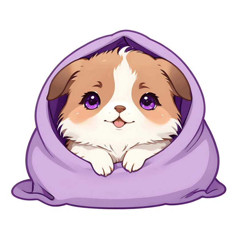 Corgi puppy sticker featuring brown and white fur peeking from a purple blanket with a white outline border.