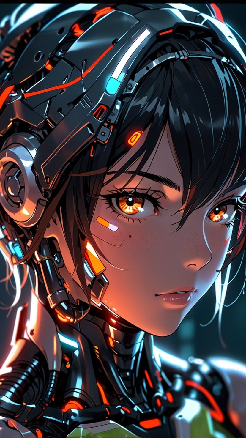 Cyberpunk woman with glowing orange eyes wearing futuristic mechanical headgear against a dark neon background.