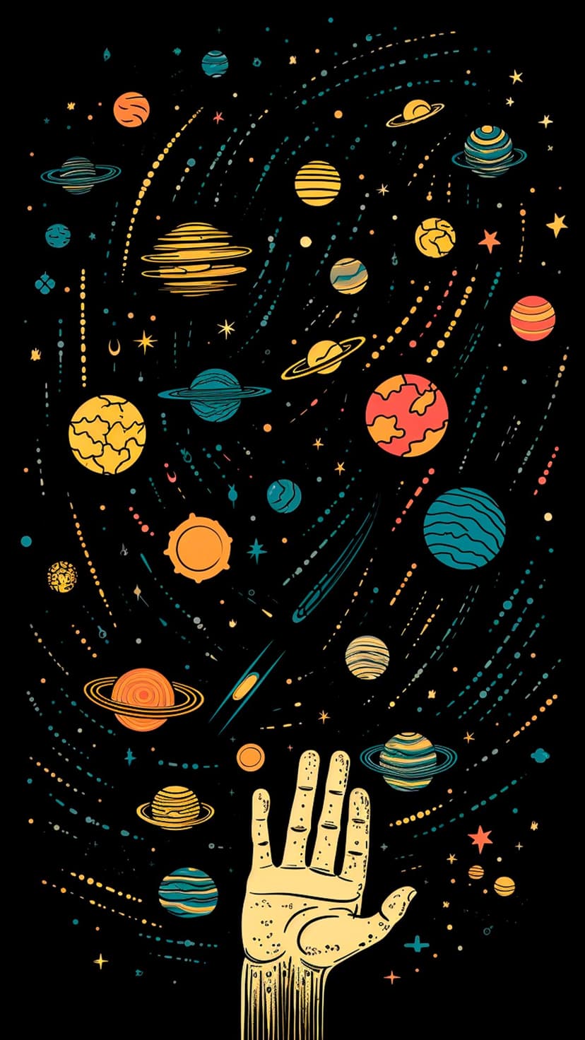 Slender hand reaching toward colorful planets, rings, and stars against a black starry background with light streaks.