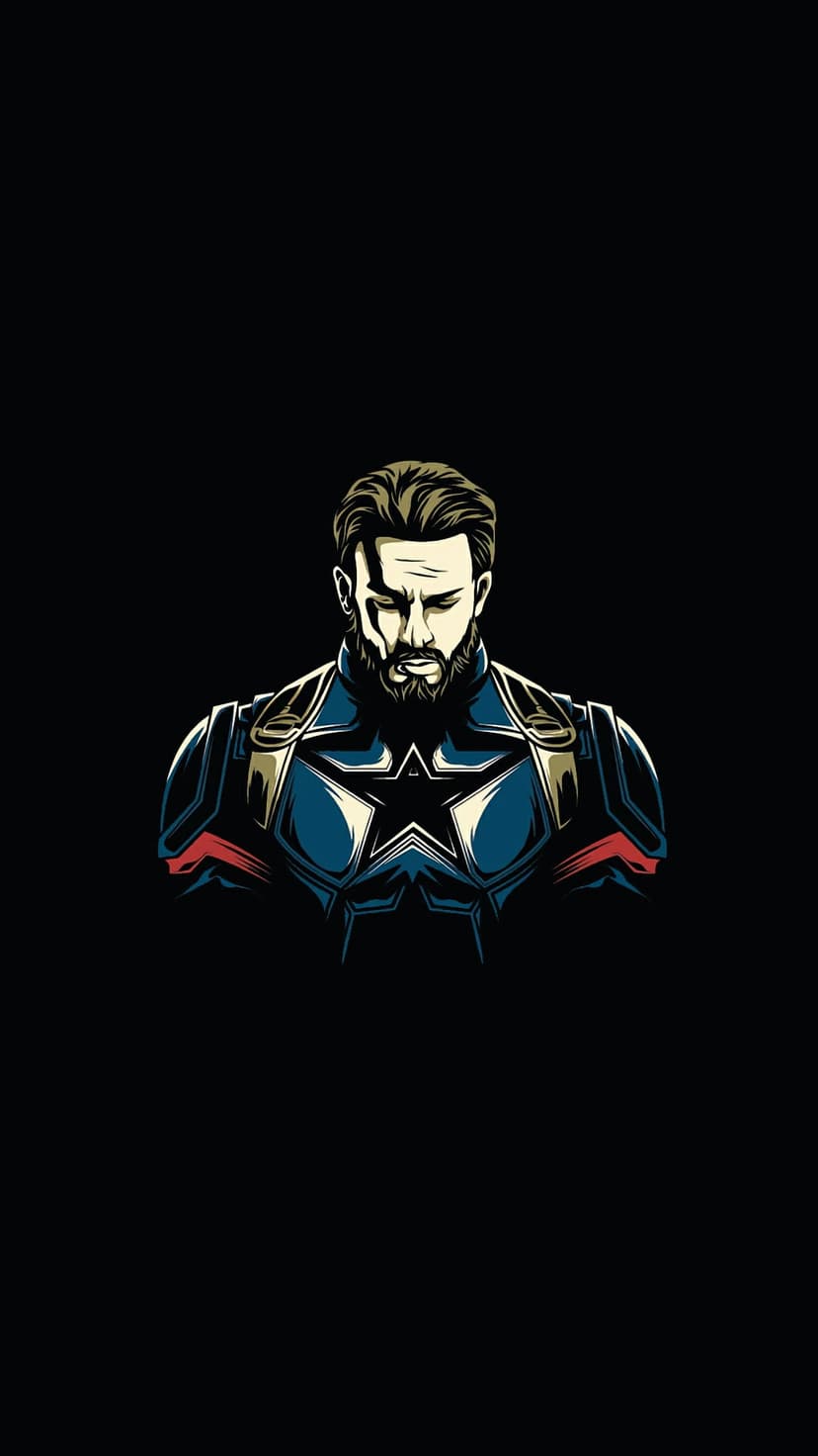 Captain America wears a bearded, stoic expression and a blue star uniform against a deep black background.