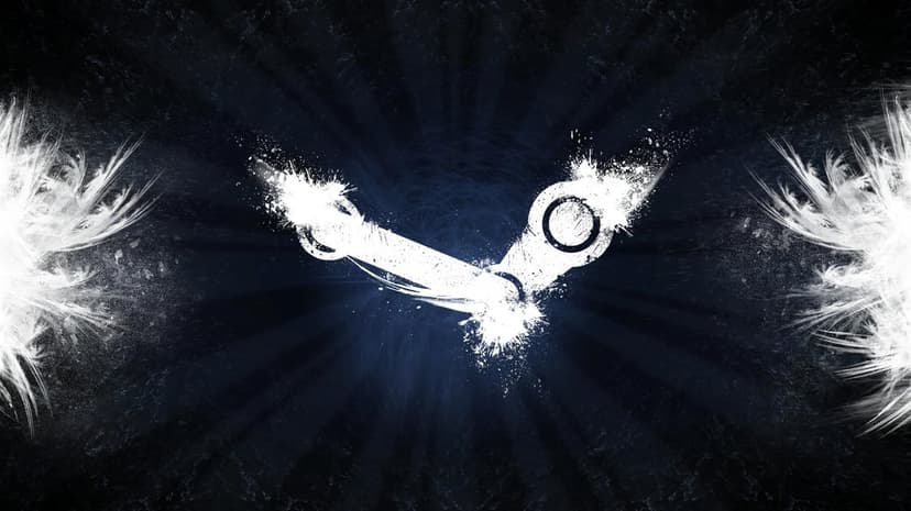 White Steam logo with paint splatter effect centered on a dark blue textured background with light rays.