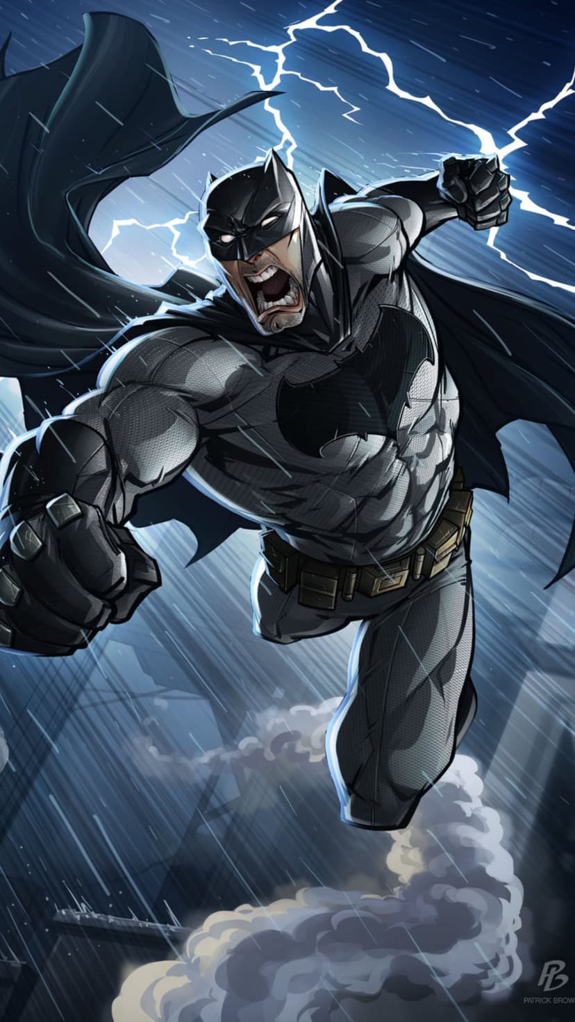 Batman screams mid-punch in heavy rain as bright lightning strikes behind him in a dark, urban Gotham City setting.