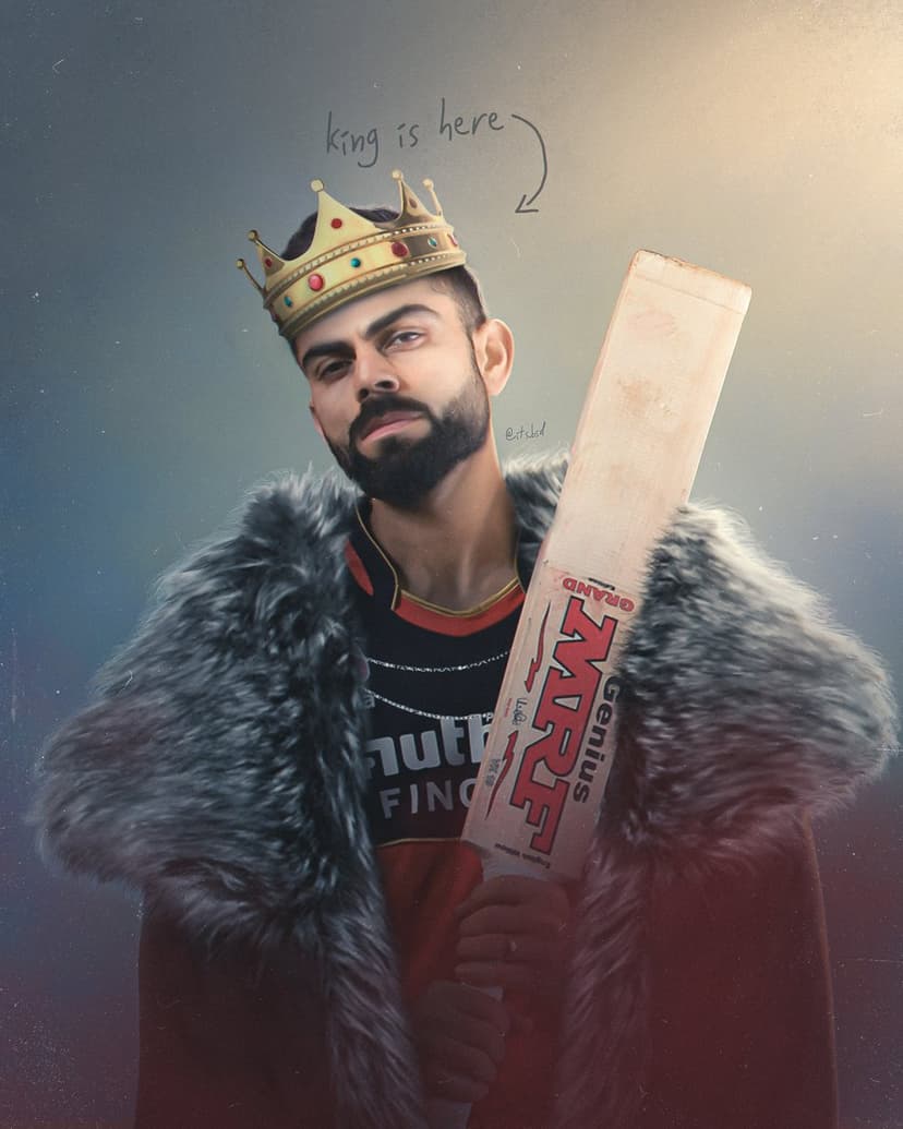 Virat Kohli wearing a golden crown and thick fur mantle while holding an MRF cricket bat in a regal pose.