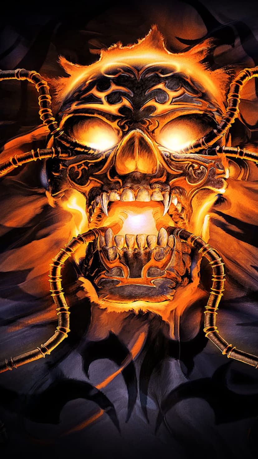 Flaming cybernetic skull with sharp fangs and glowing orange eyes amidst swirling embers and metallic tubing.